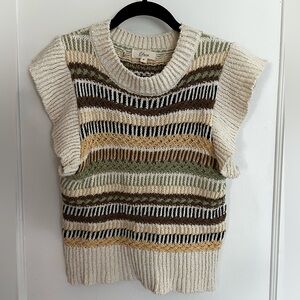 Elan Cream Striped Knit Scoop-Neck Sweater Vest with Olive & Mustard